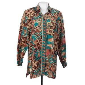 NWT BOB MACKIE Wearable Art Vtg Top S Teal Brown Abstract Print Silk Button Up
